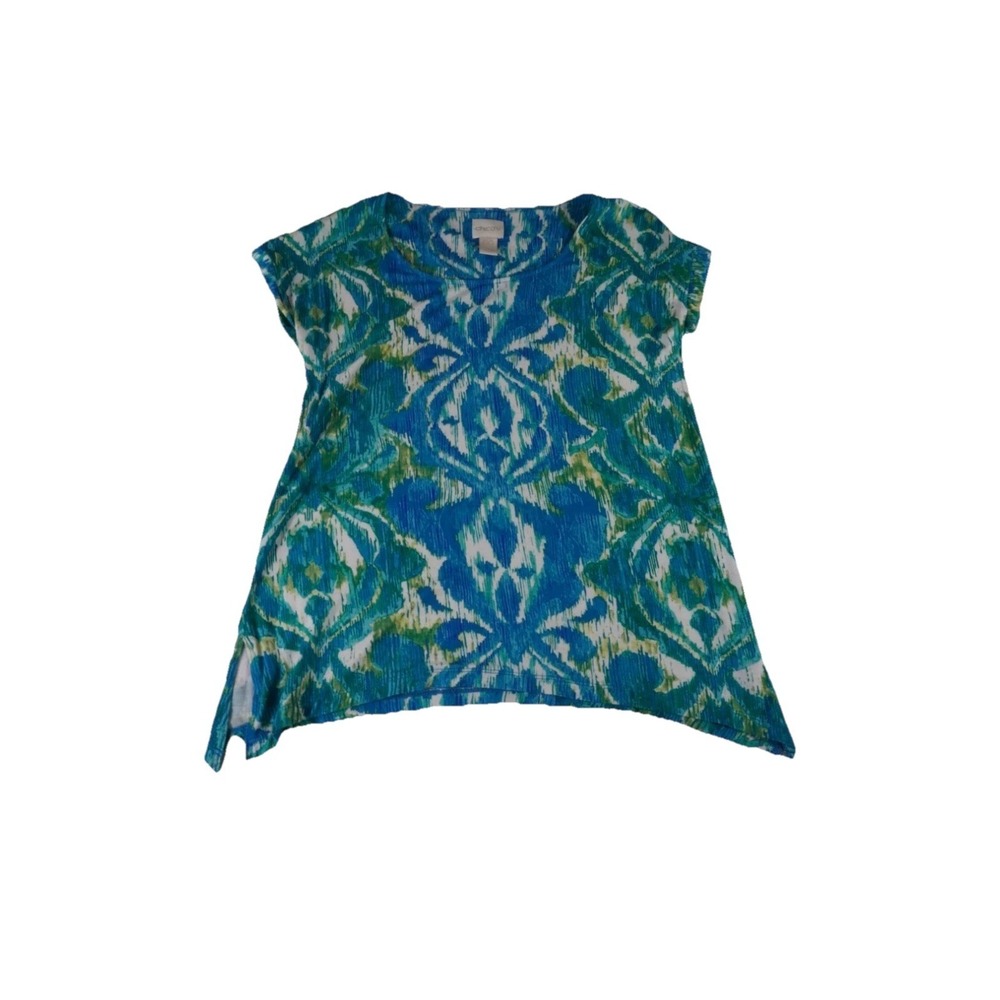 Chico's Blouse Top Womens 00 Blue Green Ikat Print Short Sleeve Asymmetrical Hem